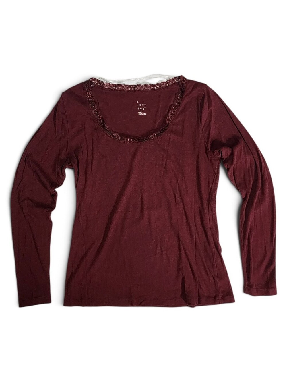 Burgundy Wine Red long sleeved scoop neck top with lace trim. By A New Day. XL